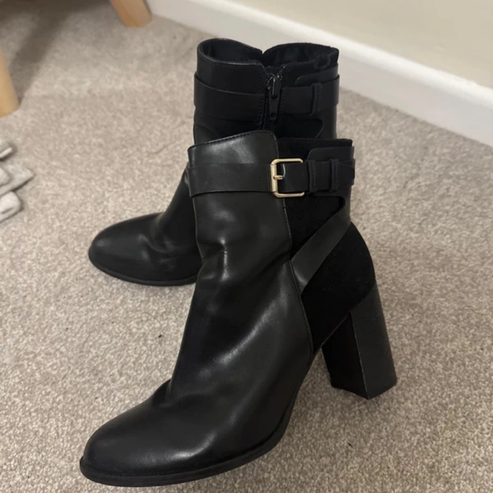 H&M Black Heeled Boots with Gold Buckle
